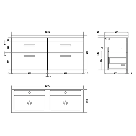 1208mm Wall Hung Double Vanity Unit