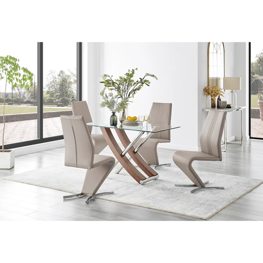 Mayfair Glass & Brown Wood Effect Dining Table & 4 Cappuccino Willow Chairs