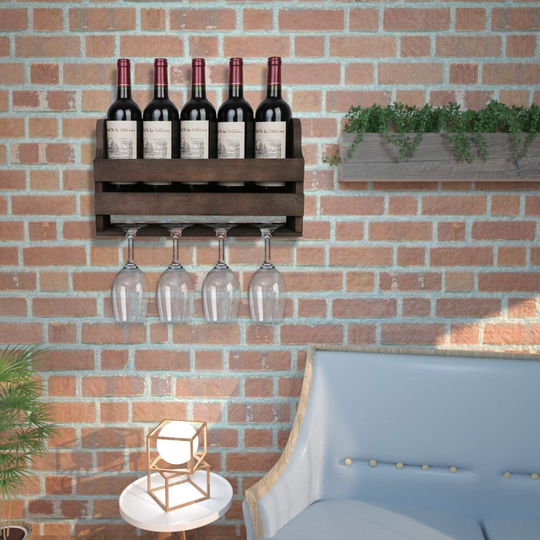 Rustic Wooden Wall Mounted Wine Rack and Glass Holder Storage Shelf