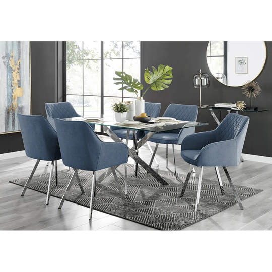 Leonardo Glass And Chrome Dining Table & 6 Blue Falun Silver Leg Chairs