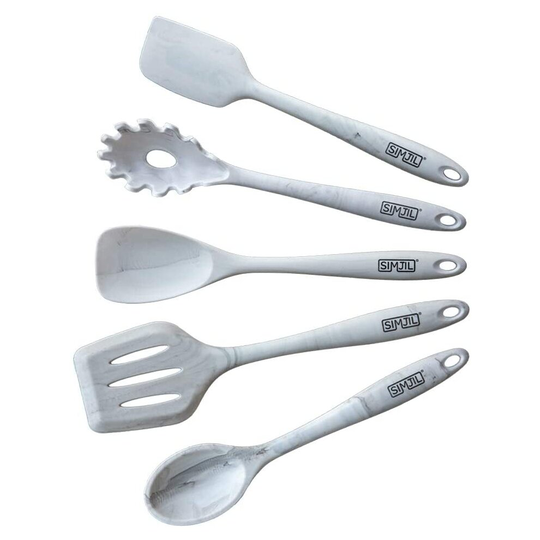 Simjil Kitchen Utensil Set Silicone Cooking 5 Piece Spatula, Spoon, Turner, Pasta and Deep Spoon in Marble Grey HY100-001MGY