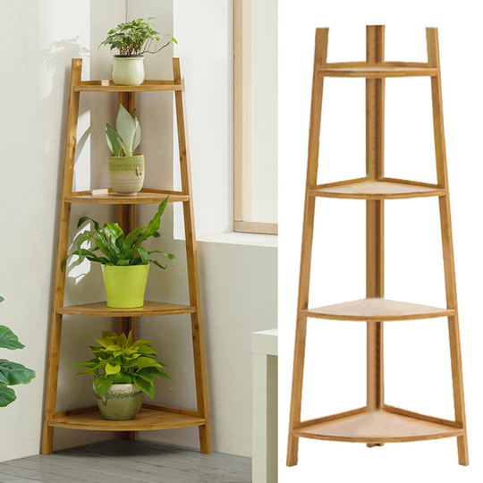 (Natural-4 Tier) Wood Corner Shelf Standing Shelving Plants Stand Storage Rack Home Decor