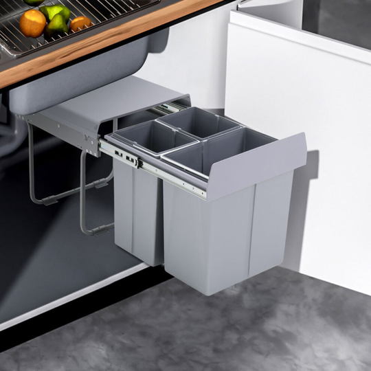 (2x10L+20L) 40Litre Pulll Out Recycling Waste Bin Kitchen Cabinet Base Unit 400mm Soft Close