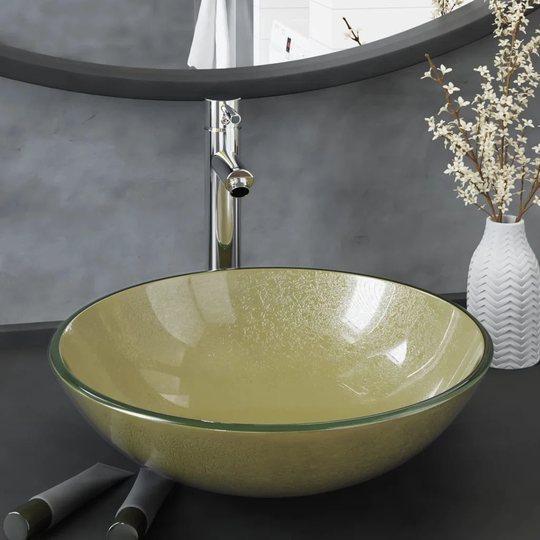Ivy Bronx Bathroom Sink With Tap And Push Drain Gold Tempered Glass