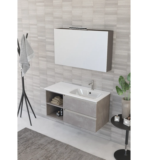 Vanity Unit 2 Drawers, Open Element With Right Integrated Washbasin, Mirror Cabinet And Spotlight