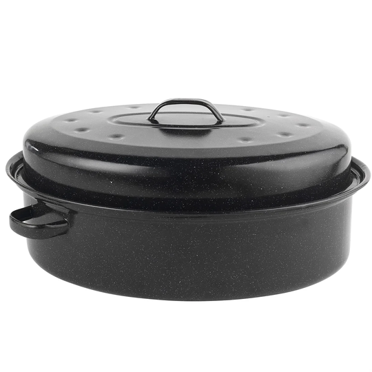 Romano Self-Basting Steel Casserole Pot Roaster And Lid With Easy Clean Vitreous Enamel Coating, 38 Cm, Oven Safe, Black