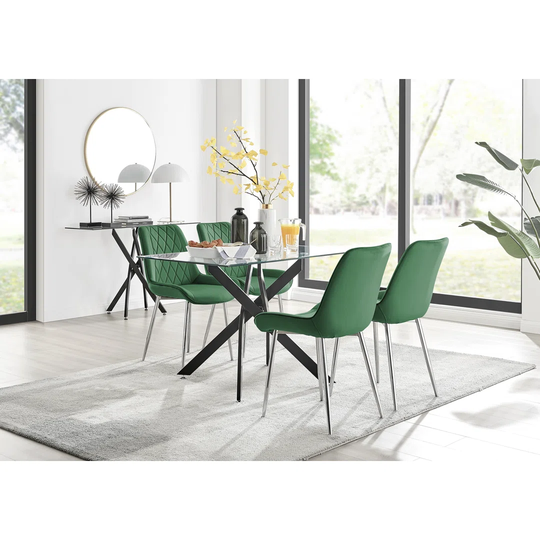 Leonardo Black Leg Glass Dining Table & 4 Green Pesaro Silver Chairs