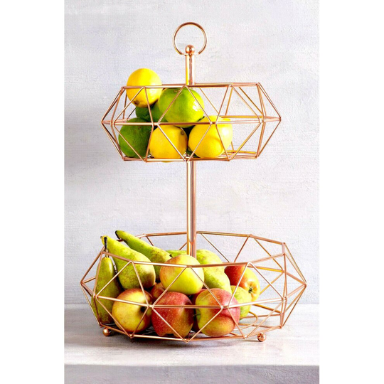 Rose Gold Large 2 Tier Fruit Veg Storage Basket Bowl Stand Unit
