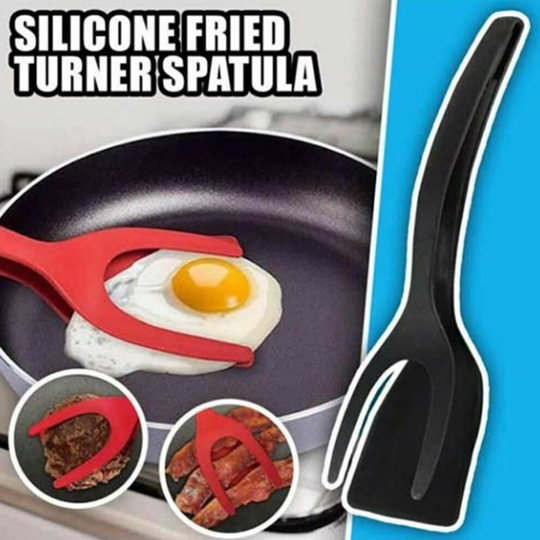(Black) 2 In 1 Grip and Flip Tongs Egg Spatula Tongs Clamp Pancake Fried Egg French Toas