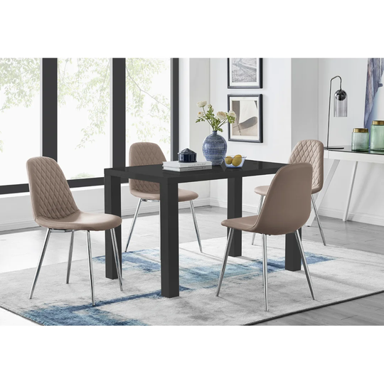 Pivero 4 Black Dining Table And 4 Cappuccino Corona Silver Leg Chairs