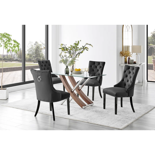 Mayfair Glass & Brown Wood Effect Dining Table & 4 Black Belgravia Black Leg Chairs
