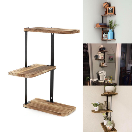 Rustic Wood Corner Shelf Home Display Storage Rack Wall Floating Shelf 3 Tier UK