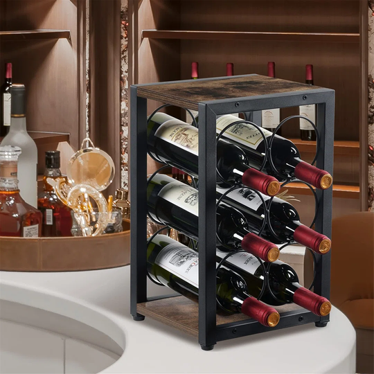 Industrial Wine Rack Cabinet 6 Bottles, Free Standing Wine Storage Holder, 3-Tier Tabletop Wine Bottle Holder Stand, Wooden Countertop Wine Storage Or