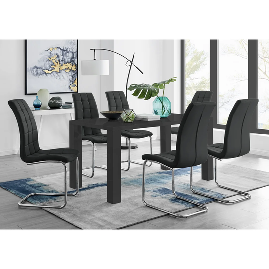 Pivero 6 Black Dining Table And 6 Black Murano Chairs