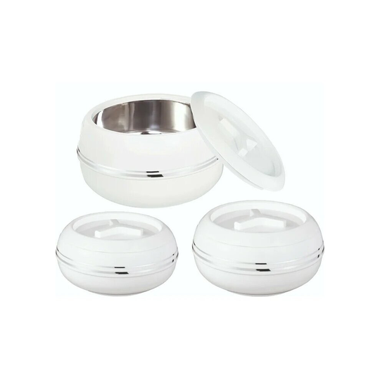 (1500,2500,3200 ml) JAYPEE 3Pc Hot Pot Food Warmer Thermal Insulated Casserole Serving Dish Set White (Set of:- 1200ml 1500ml and 2500ml)