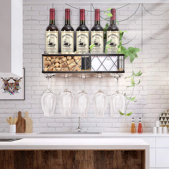 Blend 5 Bottle Wall Mounted Wine Bottle & Glass Rack in Black