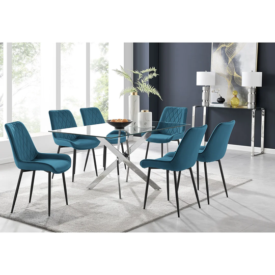 Leonardo 6 Dining Table And 6 Blue Pesaro Black Leg Chairs