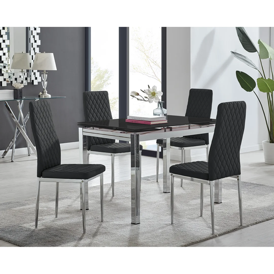 Enna Black Glass Extending Dining Table And 4 Black Milan Chairs