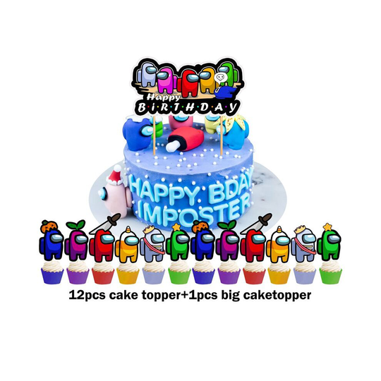(13pcs Cake Topper) AMONG US Birthday Party Decor Supplies Banner