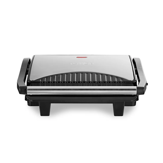 Tower Portion Health Grill & Panini Press with Non-Stick Plates Drip Tray 1000W Black/Silver