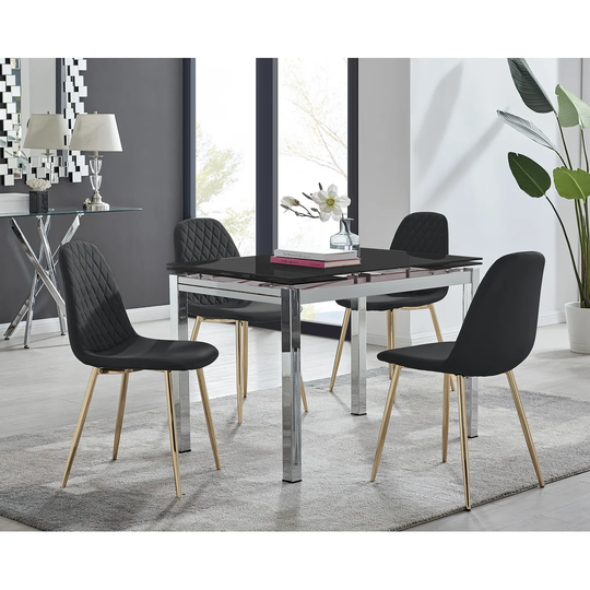 Enna Black Glass Extending Dining Table And 4 Black Corona Gold Leg Chairs