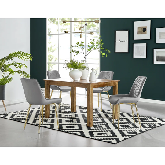 Anders Honey Solid Wood Dining Table & 4 Grey Pesaro Gold Leg Chairs