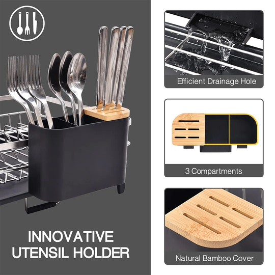 Adjustable 304 Stainless Steel Dish Rack,Foldable Dish Drying Rack With Removable Cutlery Holder Swivel Drainage Spout,Anti-Rust Plate Rack For Kitche