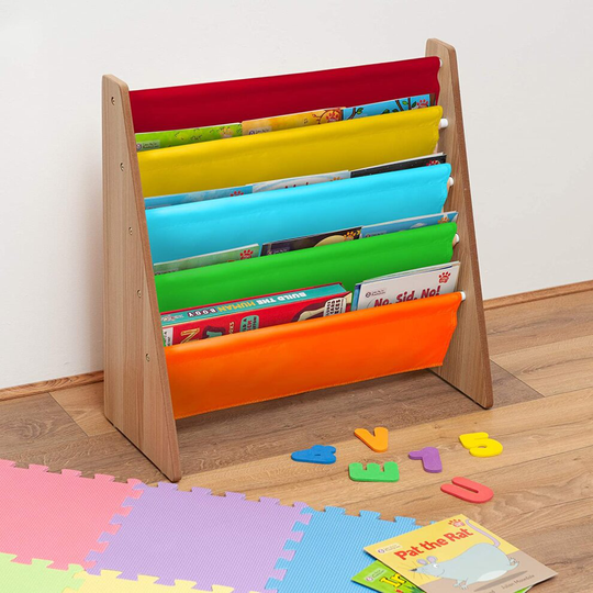 4 Tier Kids Book Storage Rack Wooden Sling Bookshelf Childrens Bookcase Shelves