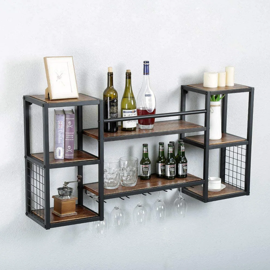 Industrial Hanging Wine Rack Wall Mounted With 5 Stem Glass Holder,47.2In Rustic Wine Glass Rack Wall Mount,Wine Glass Shelf Metal Floating Bar Shelve