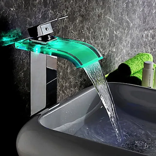 LED Waterfall Glass Spout Monobloc Bathroom Counter Top Polished Chrome