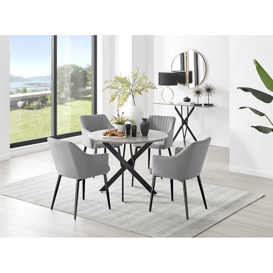Novara Grey Concrete Effect Black Leg Round Dining Table & 4 Grey Calla Black Leg Chairs