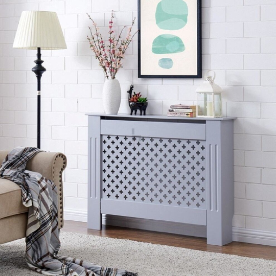Medium Radiator Cover Criss Cross Grill Grey Wall Shelf Cabinet MDF
