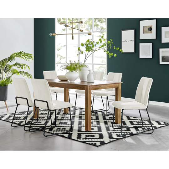 Anders Honey Solid Wood Dining Table & 6 Cream Halle Chairs