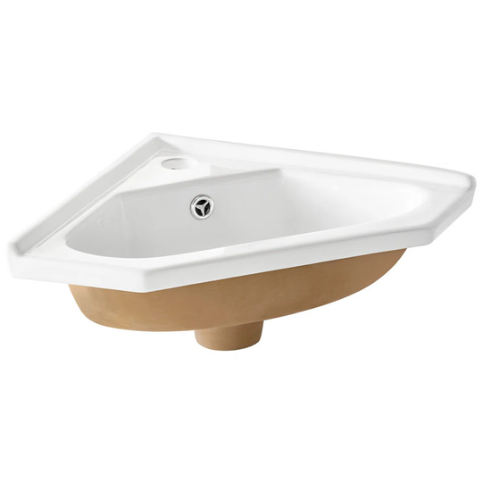 White Ceramic Corner Bathroom Sink with Faucet and Overflow