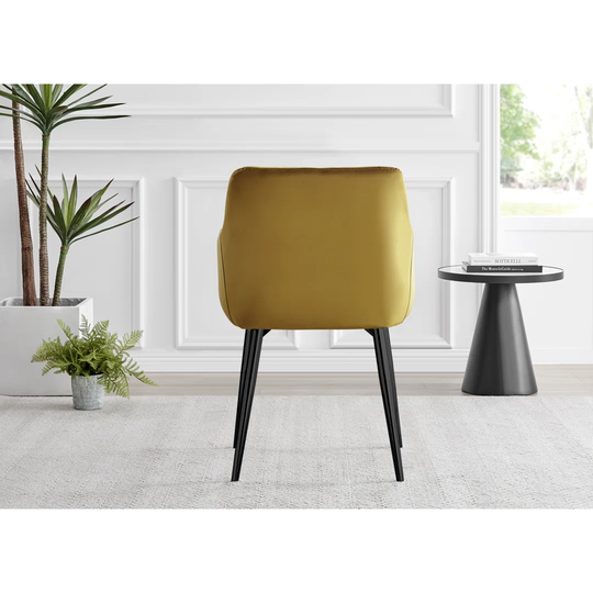 Novara Round Glass Dining Table & 4 Mustard Calla Black Leg Velvet Chairs