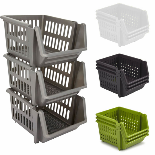 (Silver) Set of 3 Stackable Storage Basket Kitchen Fruit Vegetable Stacking Container Box