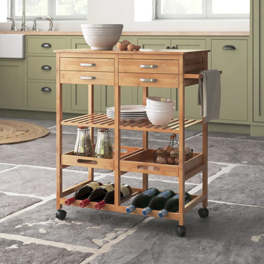 Sondra 66 Cm Solid Wood Kitchen Trolley with Locking Wheels