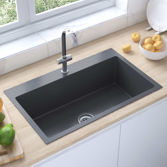 vidaXL Handmade Kitchen Sink with Faucet Hole Black Stainless Steel Basin
