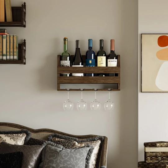 Hrahad 5 Bottle Solid Wood Wall Mounted Wine Bottle & Glass Rack in Brown