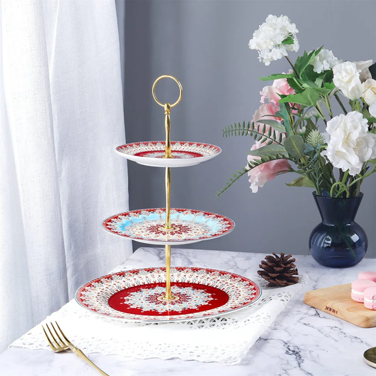 3 Tier Porcelain Cupcake Stands,Red Vintage Christmas Cake Stands,Food Server Display Holder For Wedding,Anniversary,Birthday,Party