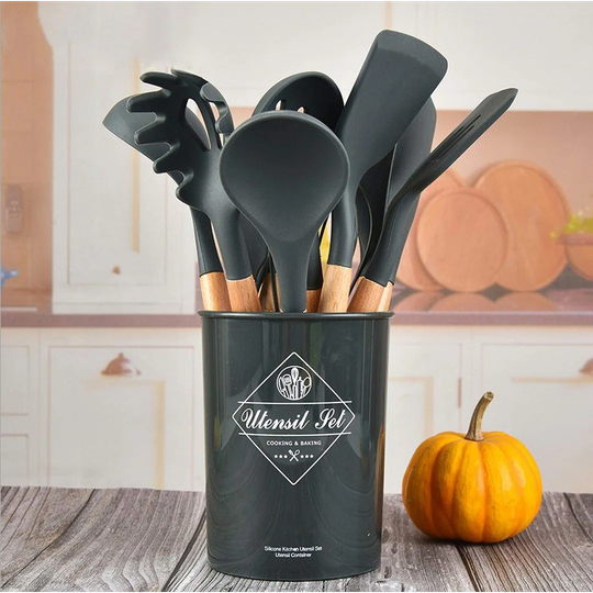 Cooking Utensils Set With Holder Silicone Kitchen Utensils Set,12 Pcs Wooden Handles, Kitchen Spatula Set Non-Stick