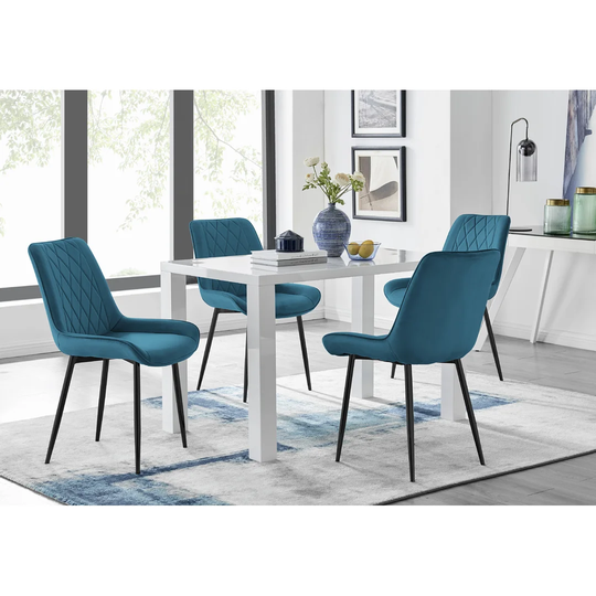 Pivero 4 White Dining Table And 4 Blue Pesaro Black Leg Chairs