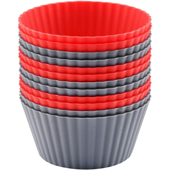 Mirenlife 12 Pack Reusable Nonstick Jumbo Silicone Baking Cups, Cupcake and Muffin Liners, 3.8 Inch Large Size, in Storage Container,Red ,Gray Colors
