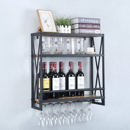 Industrial Wine Racks Wall Mounted With 6 Stem Glass Holder,23.6In Rustic Metal Hanging Wine Holder Wine Accessories,3-Tiers Wall Mount Bottle Holder