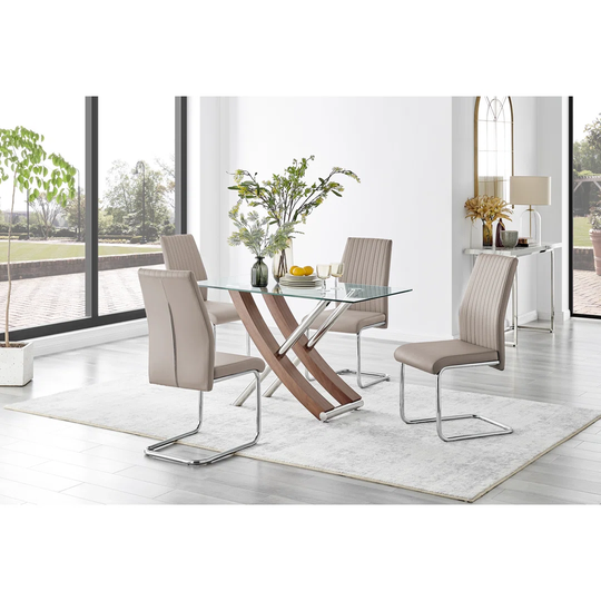 Mayfair Glass & Brown Wood Effect Dining Table & 4 Cappuccino Lorenzo Chairs