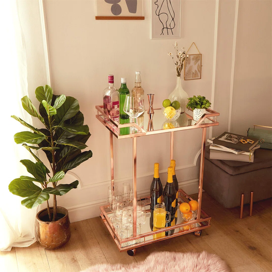Copper Bar Trolley - Mirrored Drinks Serving Bar Cart With 2 Tiers And Wheels - Rose Gold