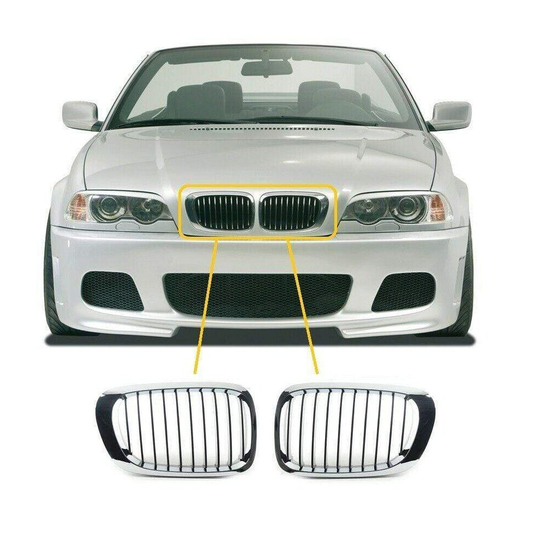 BMW 3 E46 1998-2003 Coupe Convertible 2 Door Kidney Grille Pair Full Chrome