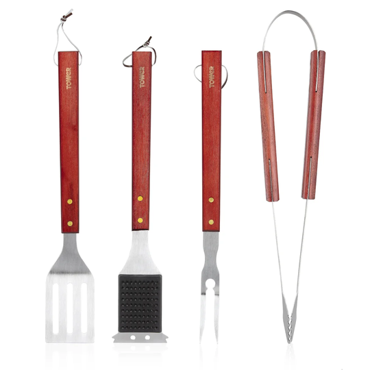 Tower T932000 4 Piece BBQ Tools Set, Stainless Steel, Red