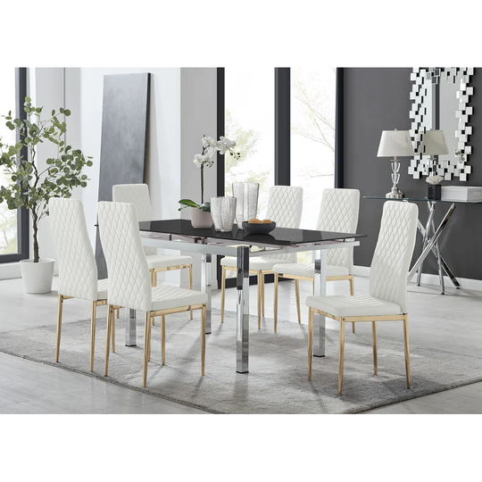 Enna Black Glass Extending Dining Table And 6 White Gold Leg Milan Chairs