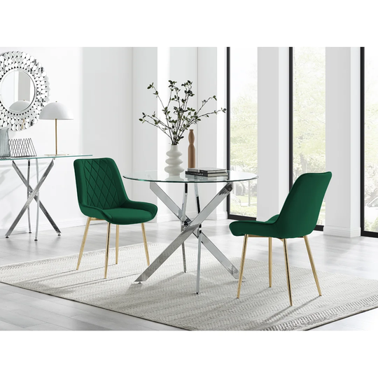 Novara 100Cm Round Dining Table And 2 Green Pesaro Gold Leg Chairs
